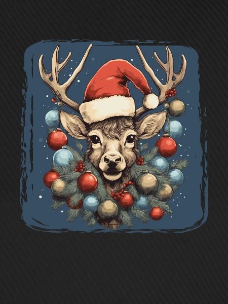 Rentier mit Weihnachtskugeln und Mütze