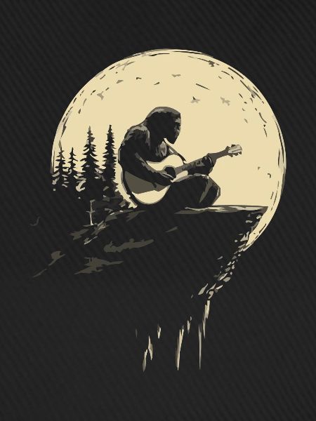 Gitarrenspieler Im Mondlicht Auf Felsen