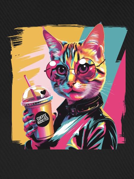 Popart Katze mit Lederjacke und Kaffee