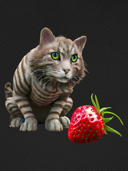 Katze vor riesiger Erdbeere