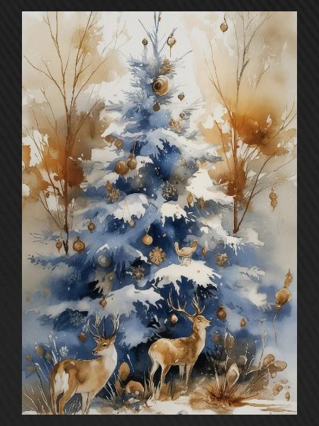 Blauer Weihnachtsbaum und Hirsch