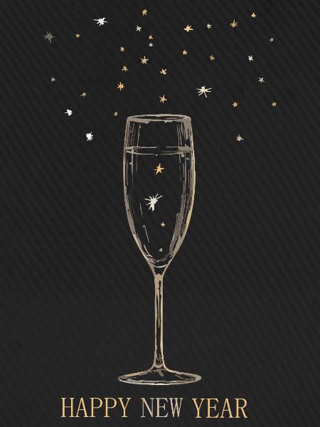 Sektglas mit Sternen und Neujahrsgruß.
