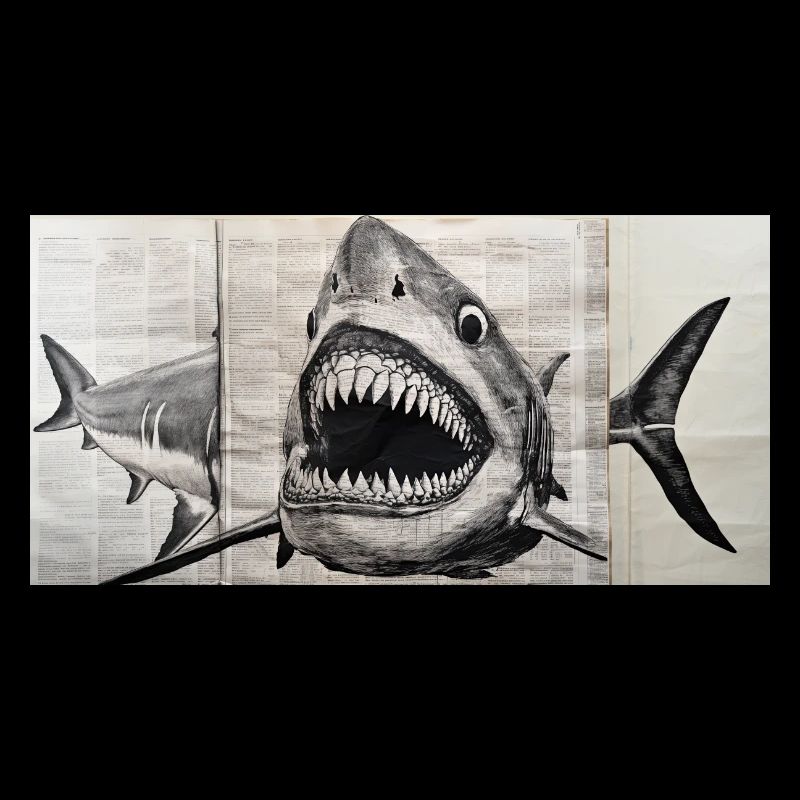 Great White Shark - ink drawing on old newspaper