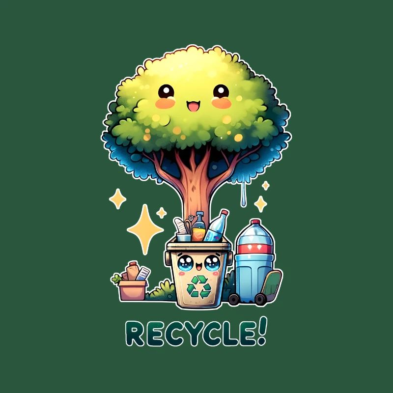 Recycle Chibi Cute Tree With Recycle Bin Earth Day