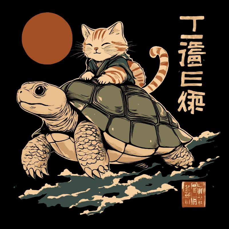 Cat Riding Turtle Japan Style