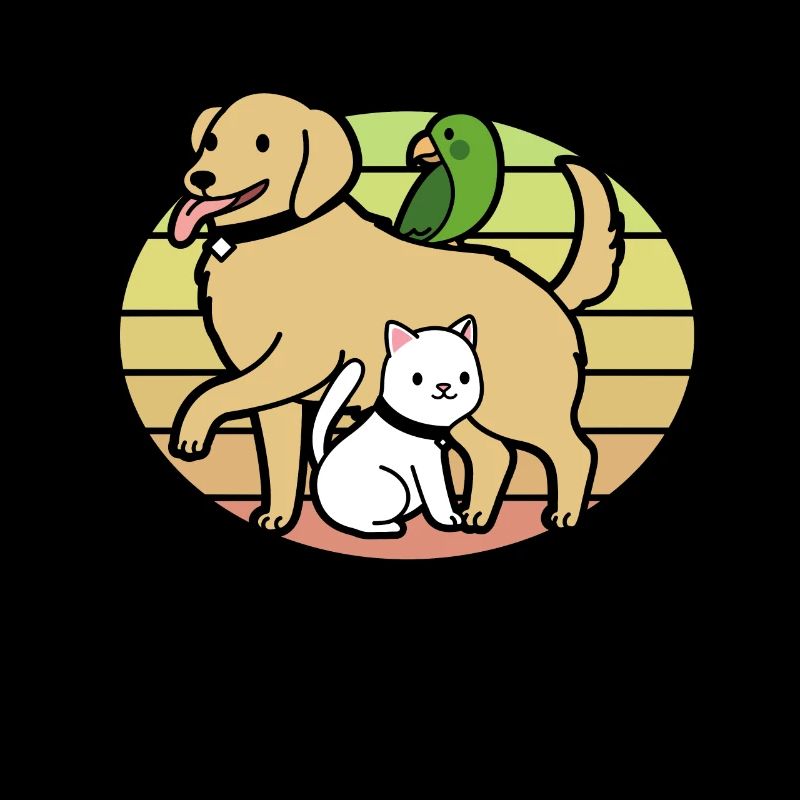Chien chat perroquet coucher de soleil