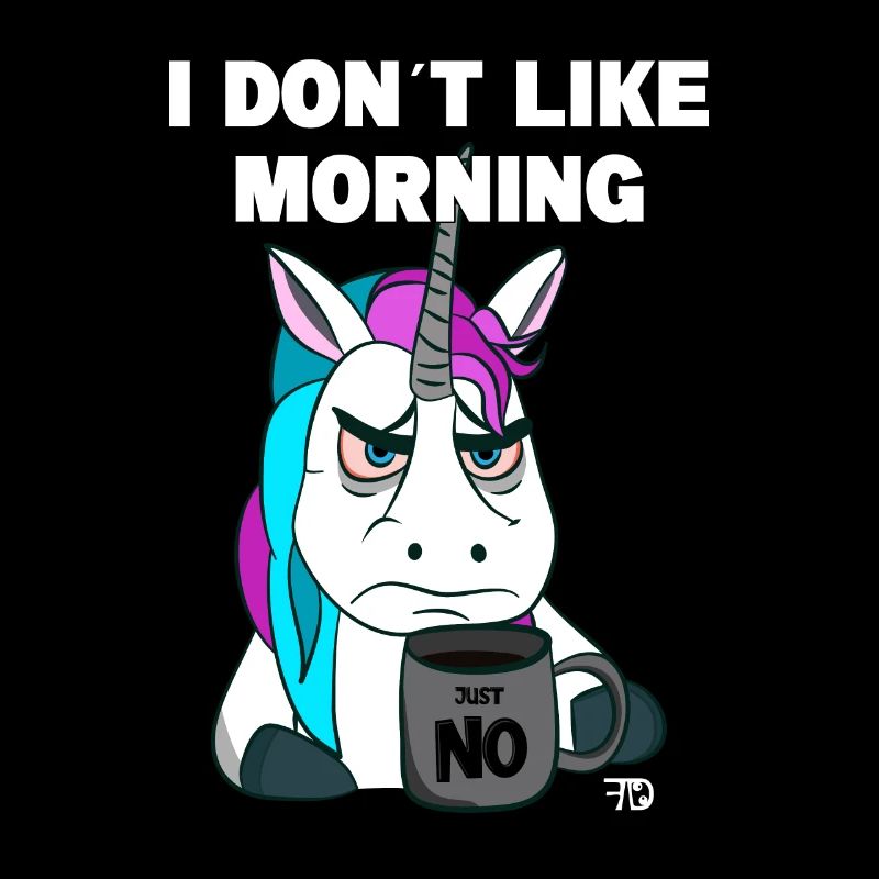 Grumpy funny unicorn with coffee cup