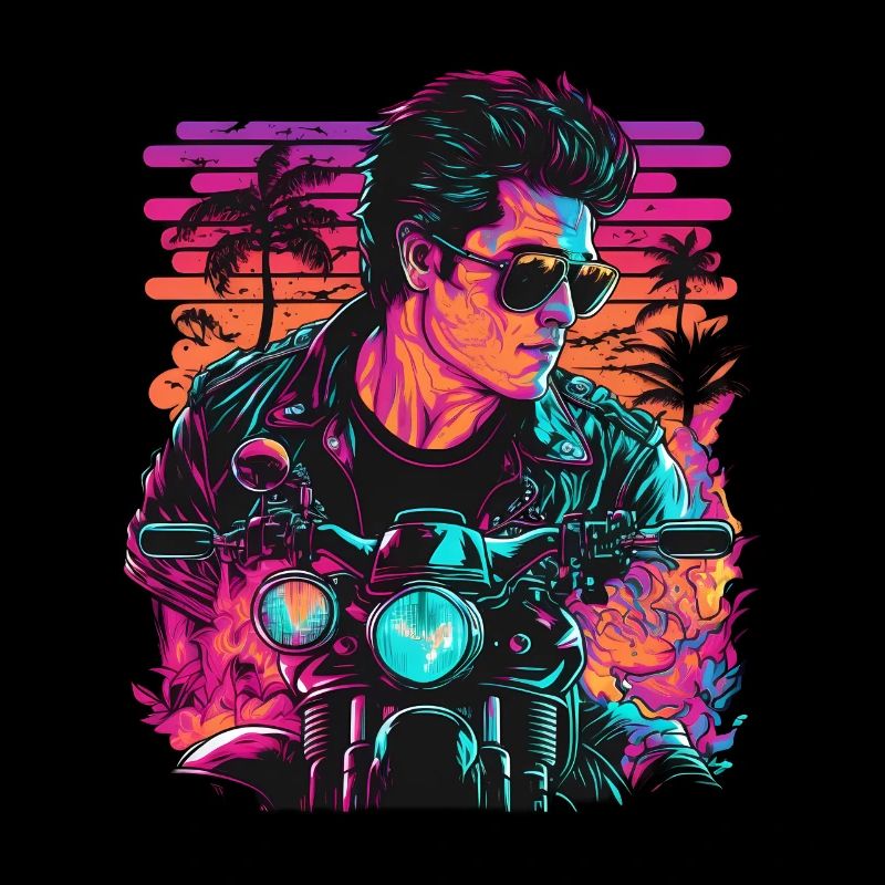 Retro Biker Illustration Motorcycle Synthwave Art