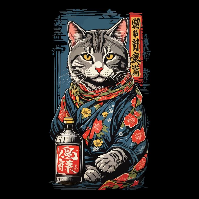 Chat dans le saké japonais affiche Art Vintage
