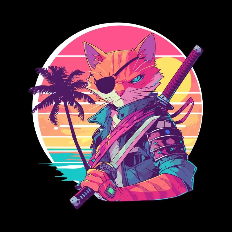 Cat Samurai 80er Vintage Stil
