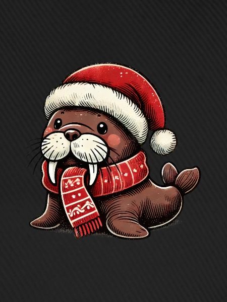 Simpatico tricheco con cappello da Babbo Natale e sciarpa