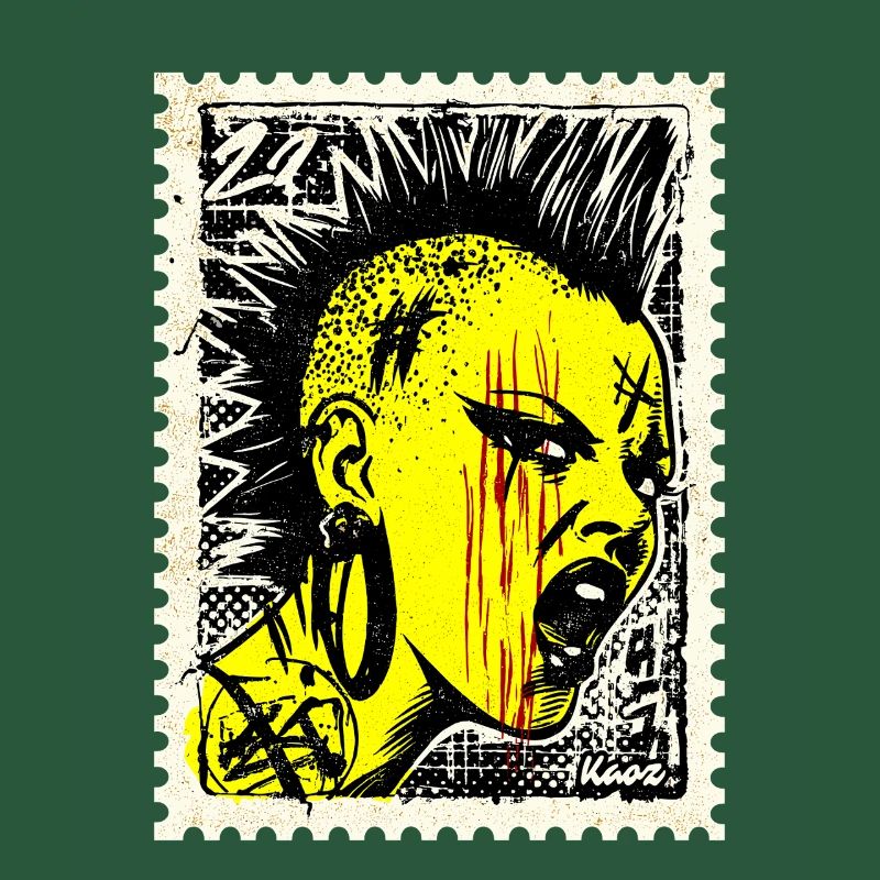 Femme punk sauvage avec mohawk et colère sur timbre-poste