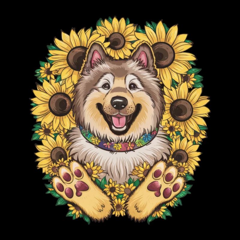 Cute Wolfspitz with sunflowers.