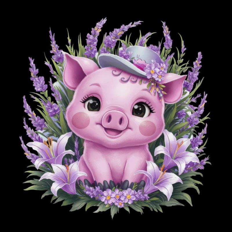 Cochon dans le style de dessin animé kawaii avec de la lavande