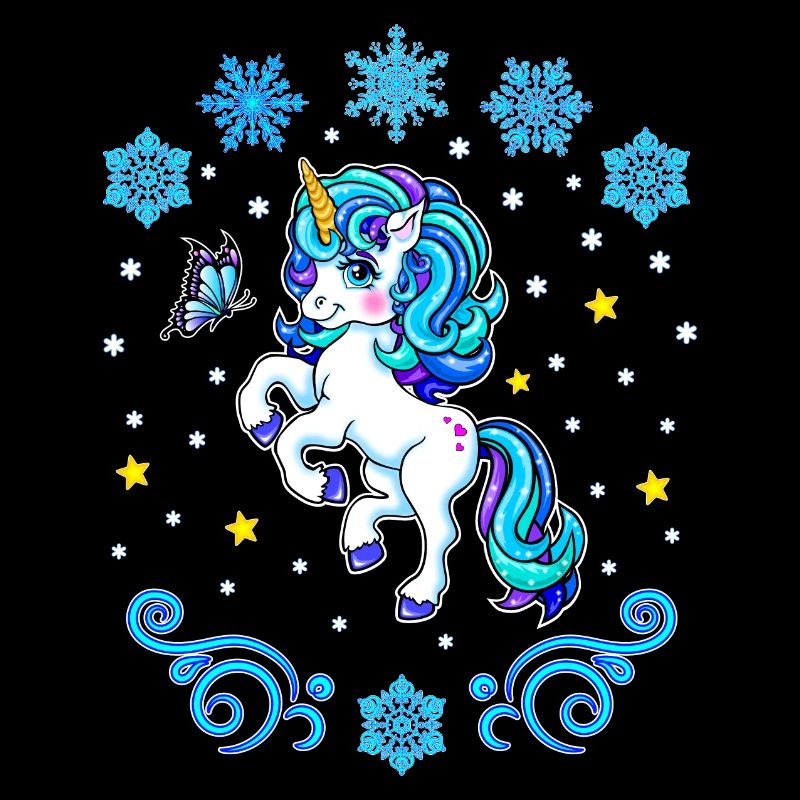 Winter 2022 blaues Einhorn mit Schneeflocken