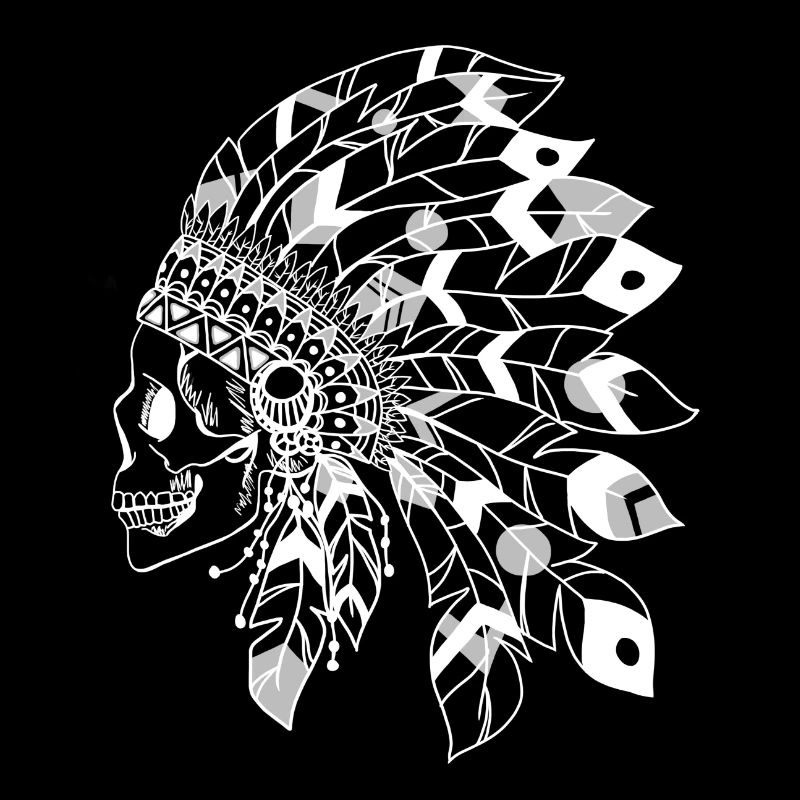 Totenkopf mit weißem und grauem indischen Kopfschmuck