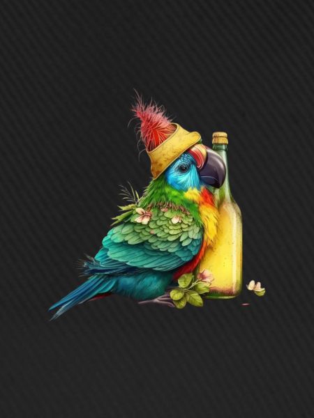 Parrot cuddles with beer