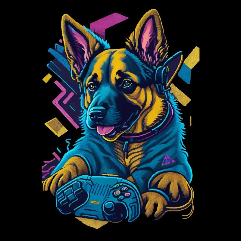 German Shepherd puppy plays with game control
