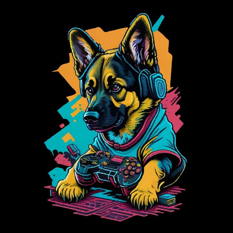German Shepherd puppy plays with game control
