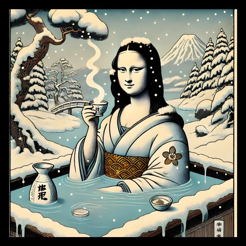 Mona Lisa buvant du saké dans un onsen