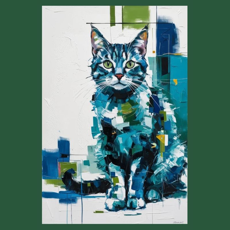 Chat abstrait en bleu vert / Numérique / Affiche #2
