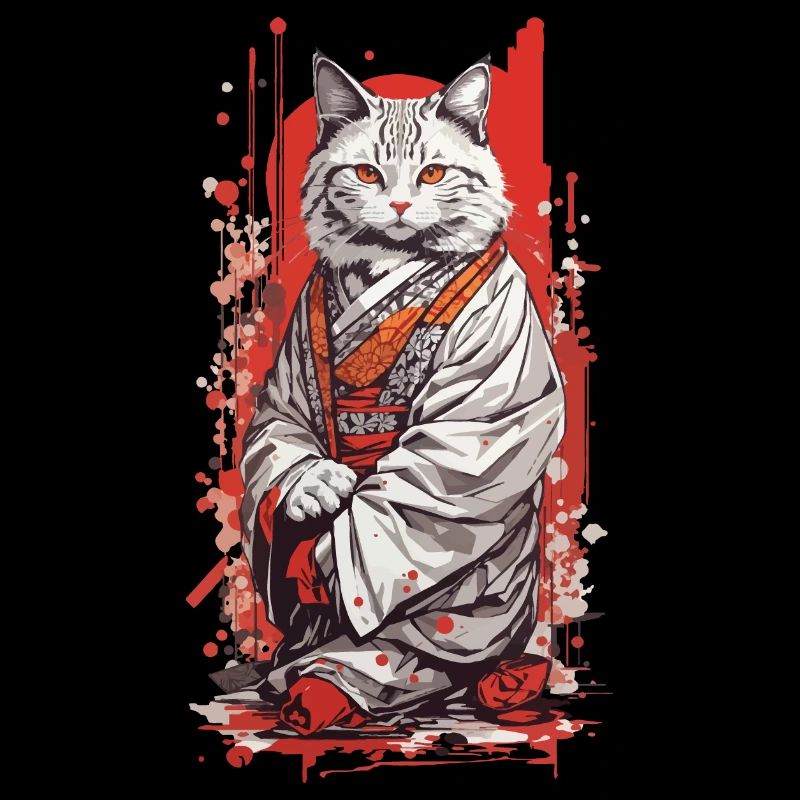 Japanese Kimono Cat Ukiyo-E Style