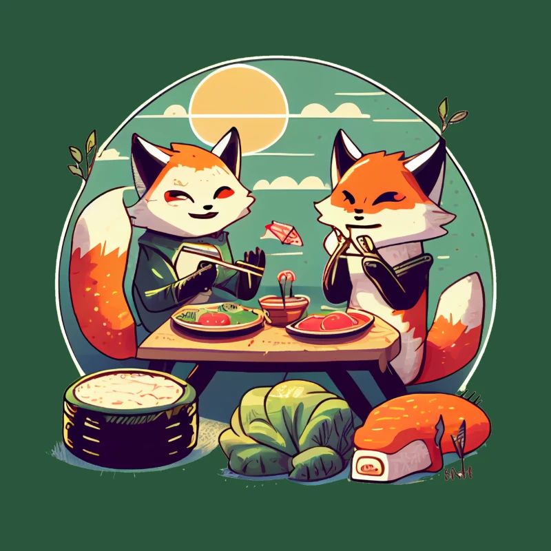 De mignons renards de dessins animés mangent des sushis ensemble