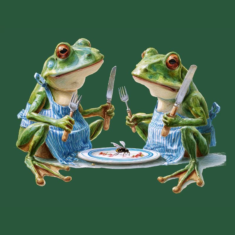 Two frog cooks at dinner