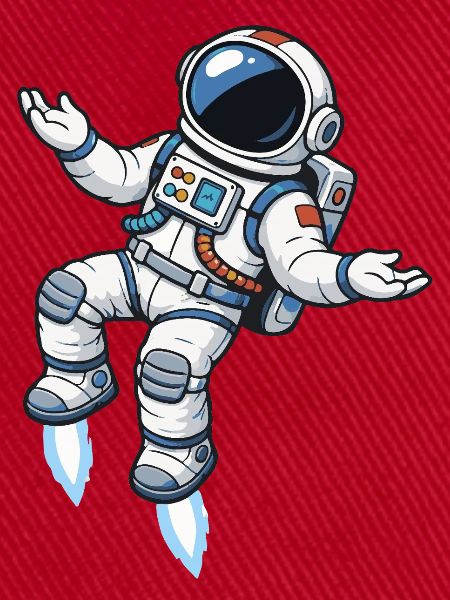 Schwebender Comic Astronaut mit Raketenantrieb
