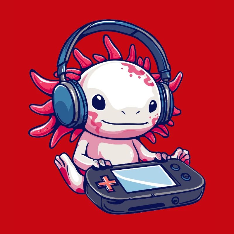 Axolotl mit Kopfhörern und Gaming-Controller