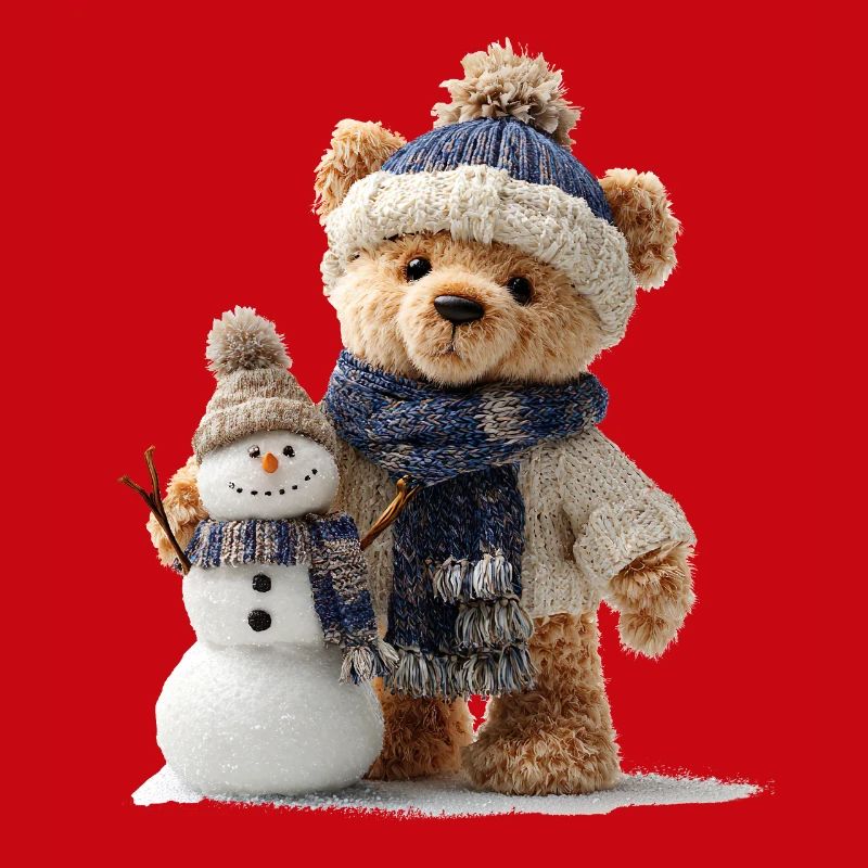 Teddybär baut einen Schneemann