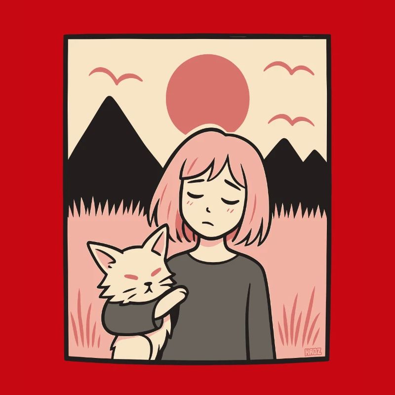 Mädchen mit Katze vor Bergen