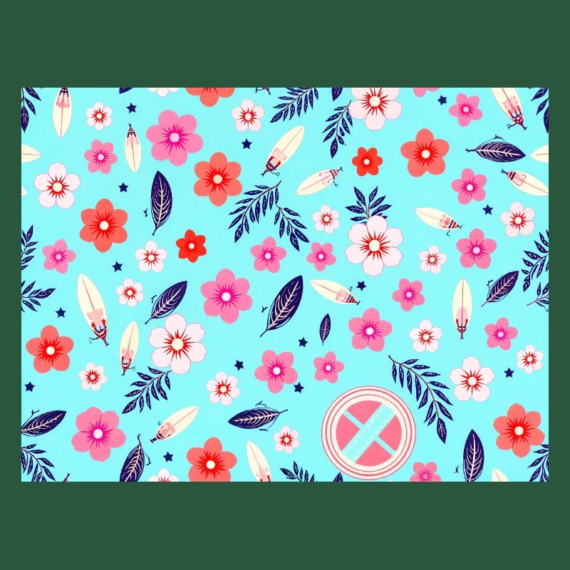 Floral pattern with surfboards on sky blue