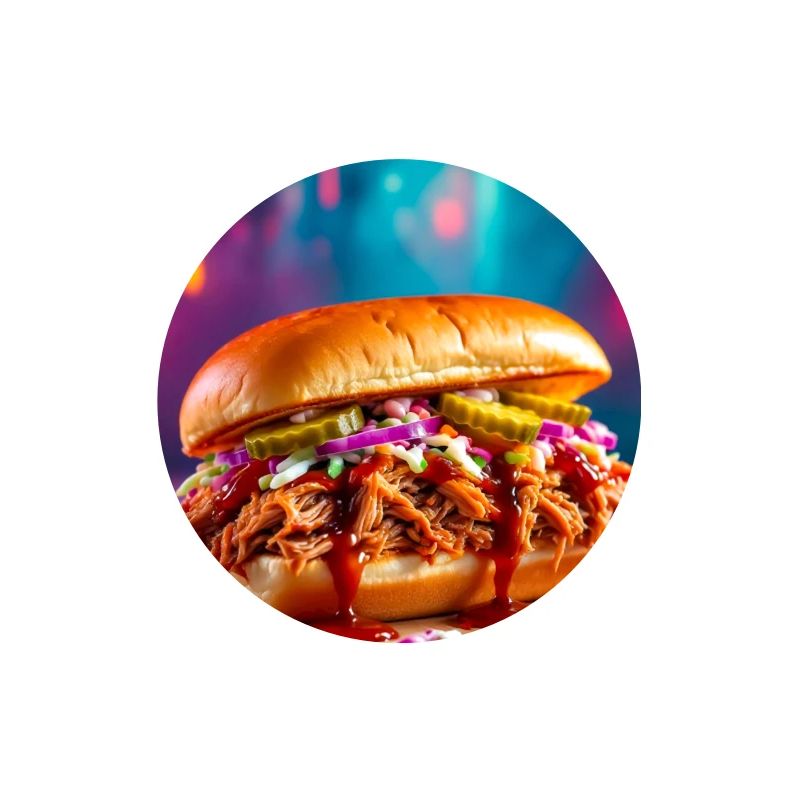 Juicy pulled pork burger surrounded by explosive