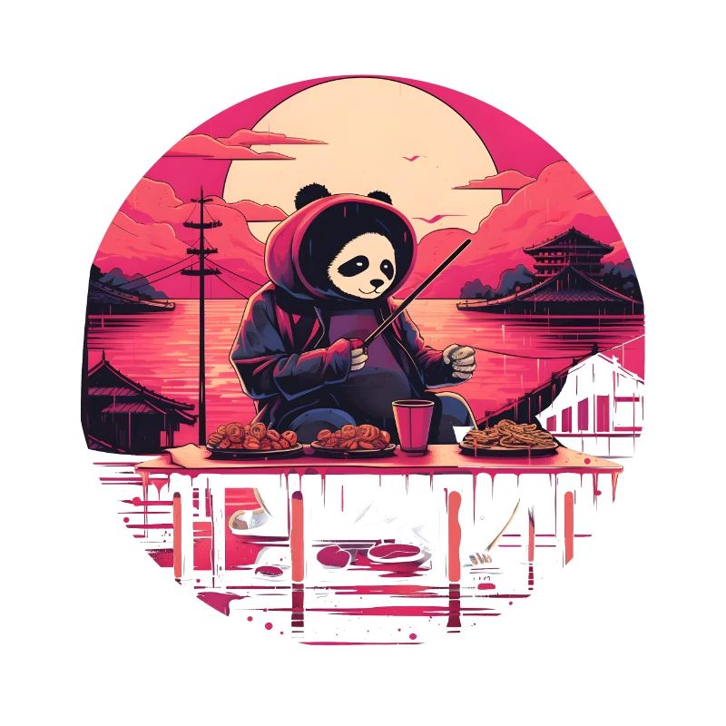Synthwave mangeant Panda Japon Coucher de soleil