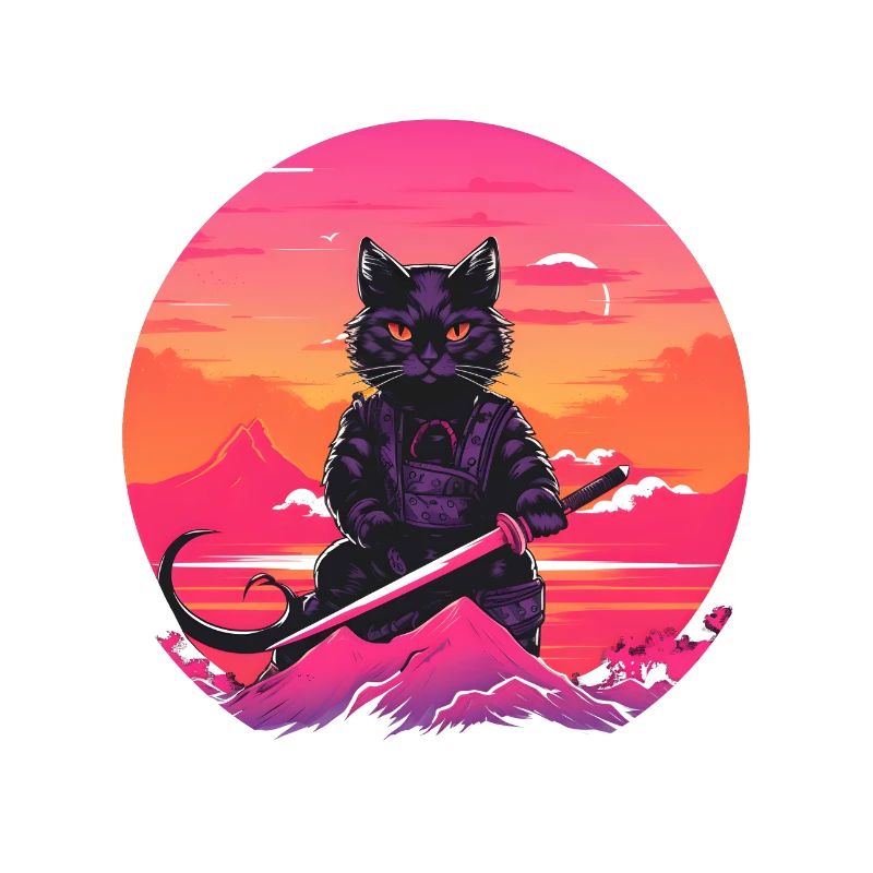Synthwave samouraï Chat avec katana