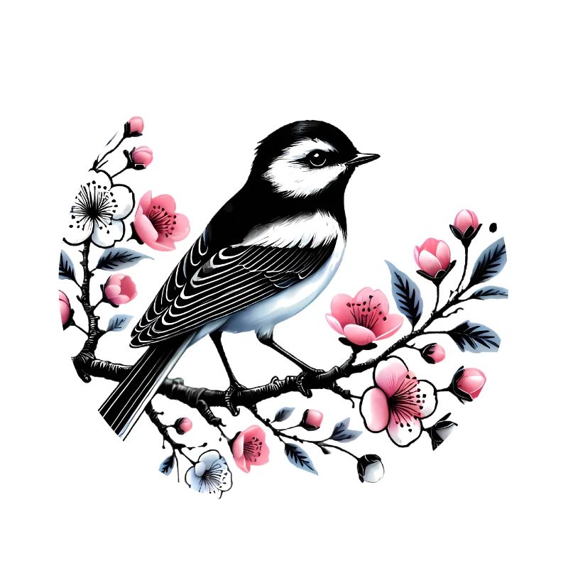 Chicadée sur le dessin d’une branche fleurie
