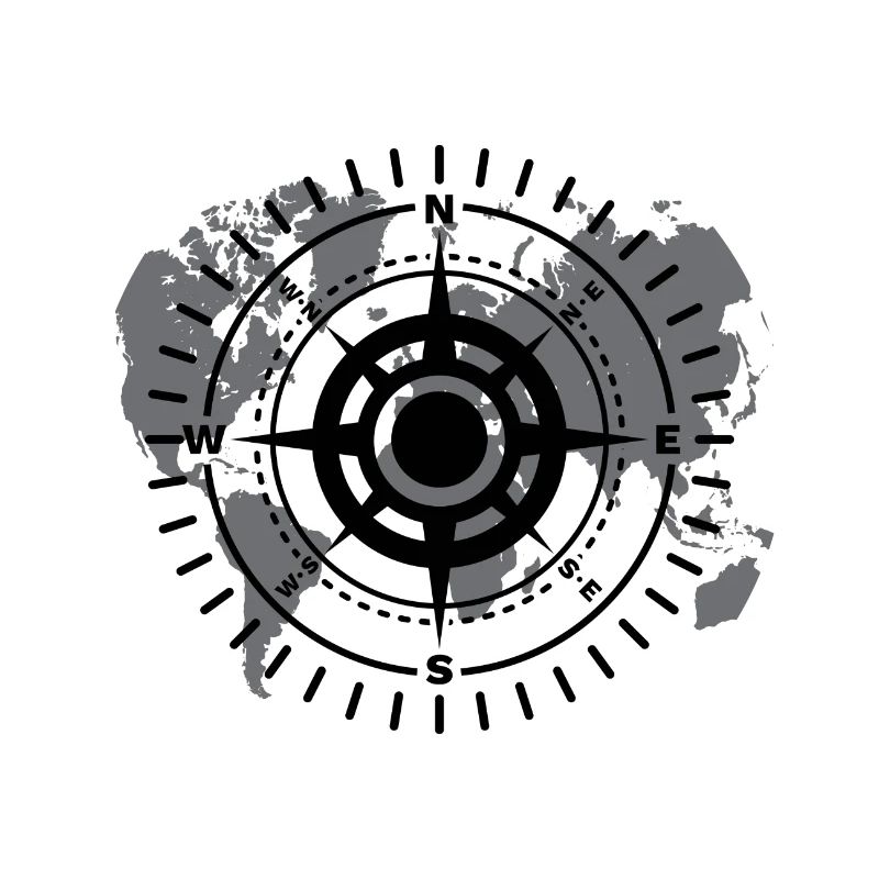 World map with cardinal direction black and white