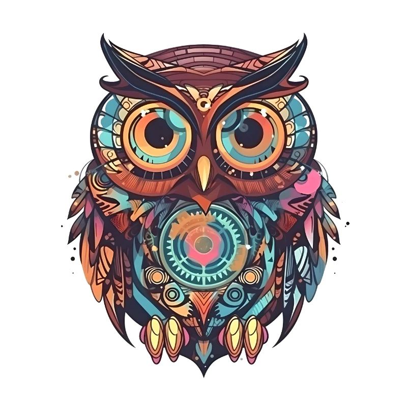 Cute owl with clockwork, comic style, geometric