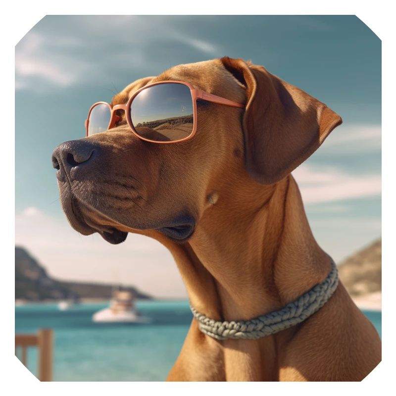 Rhodesian Ridgeback mit Sonnenbrille im Urlaub