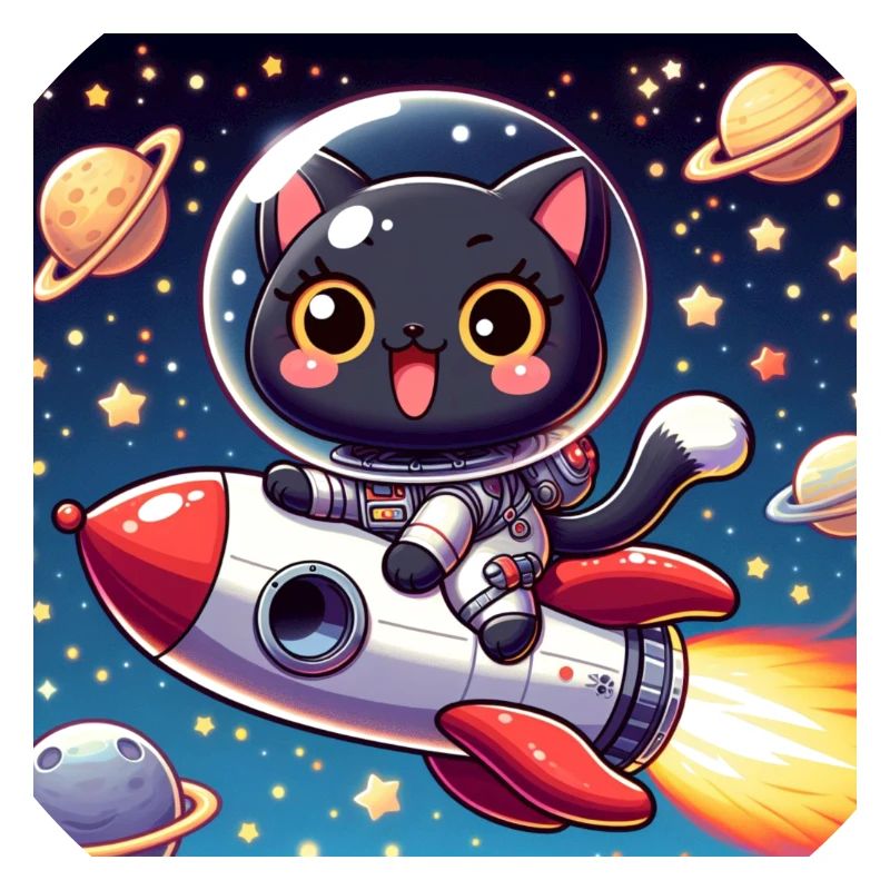 Chat mignon de l’espace sur une fusée dans l’espace