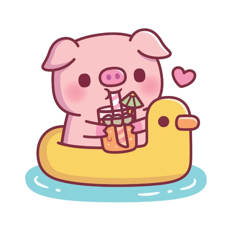 Cute Pig Drinking Orange Juice On Duck Pool Float