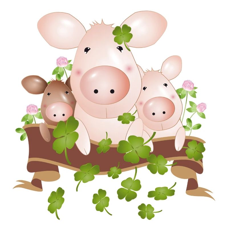 three lucky pigs with four-leaf clovers