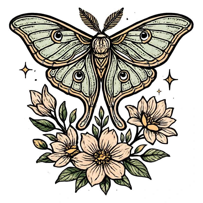 Papillon de nuit avec bouquet de fleurs