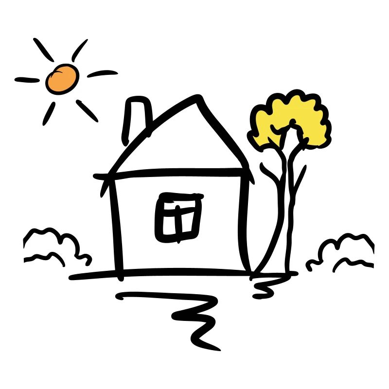 House with tree and sun. Drawing. Hand Drawn