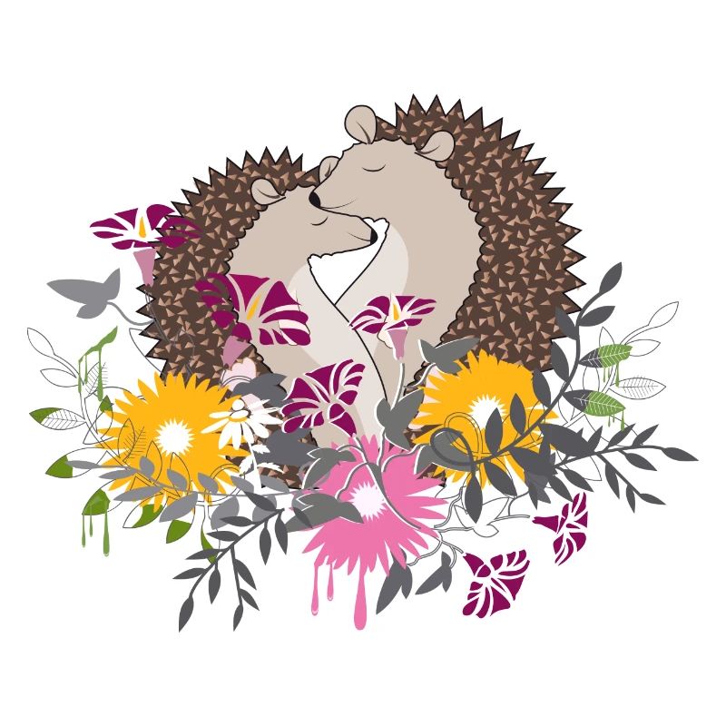 Two small hedgehogs sit together in the flower bed