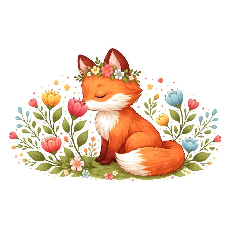 Cute spring fox with flower wreath