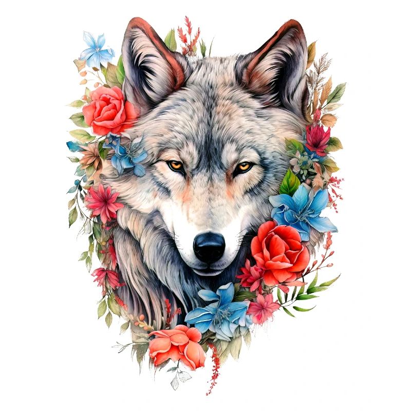 Wolf mit Blumen Mädchen
