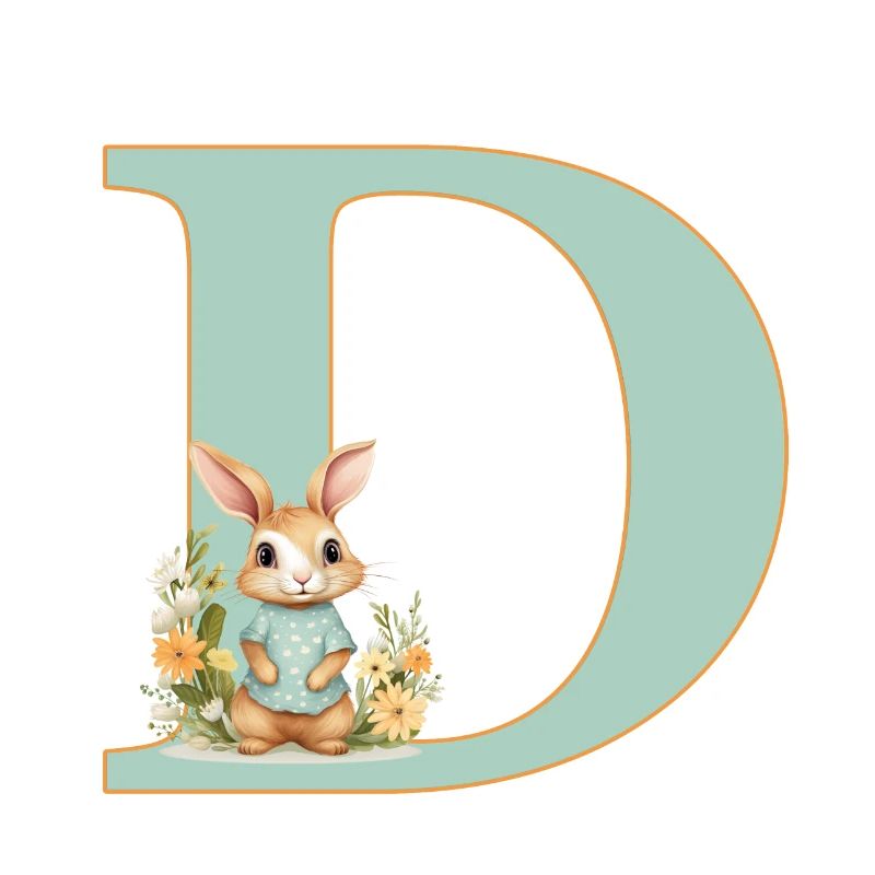 Lettre D, Monogramme, Fleurs, Lapin