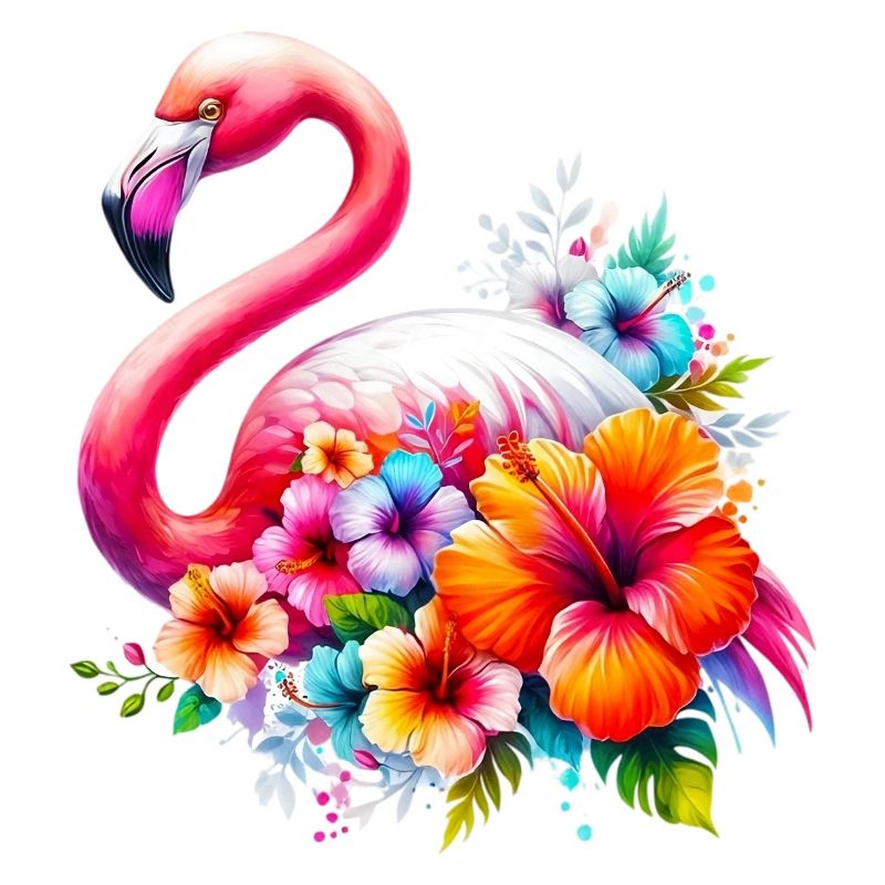 Flamant rose décoré de fleurs d’hibiscus
